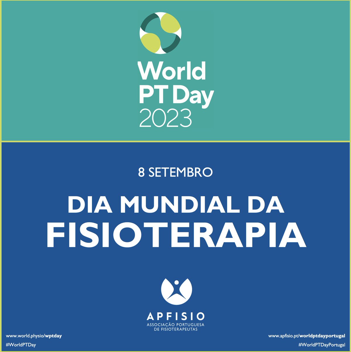 apfisio's tweet photo. 📣DIA MUNDIAL DA #FISIOTERAPIA (8 Setembro)

👏Agradecemos a todos os Fisioterapeutas que contribuíram para o crescimento da Profissão e da Literacia em Fisioterapia e Saúde.

#APFISIO #WorldPTDay #WorldPTDay2023 #WorldPTDayPortugal #WorldPTDayPortugal2023 https://t.co/TxZOnfJ4x5