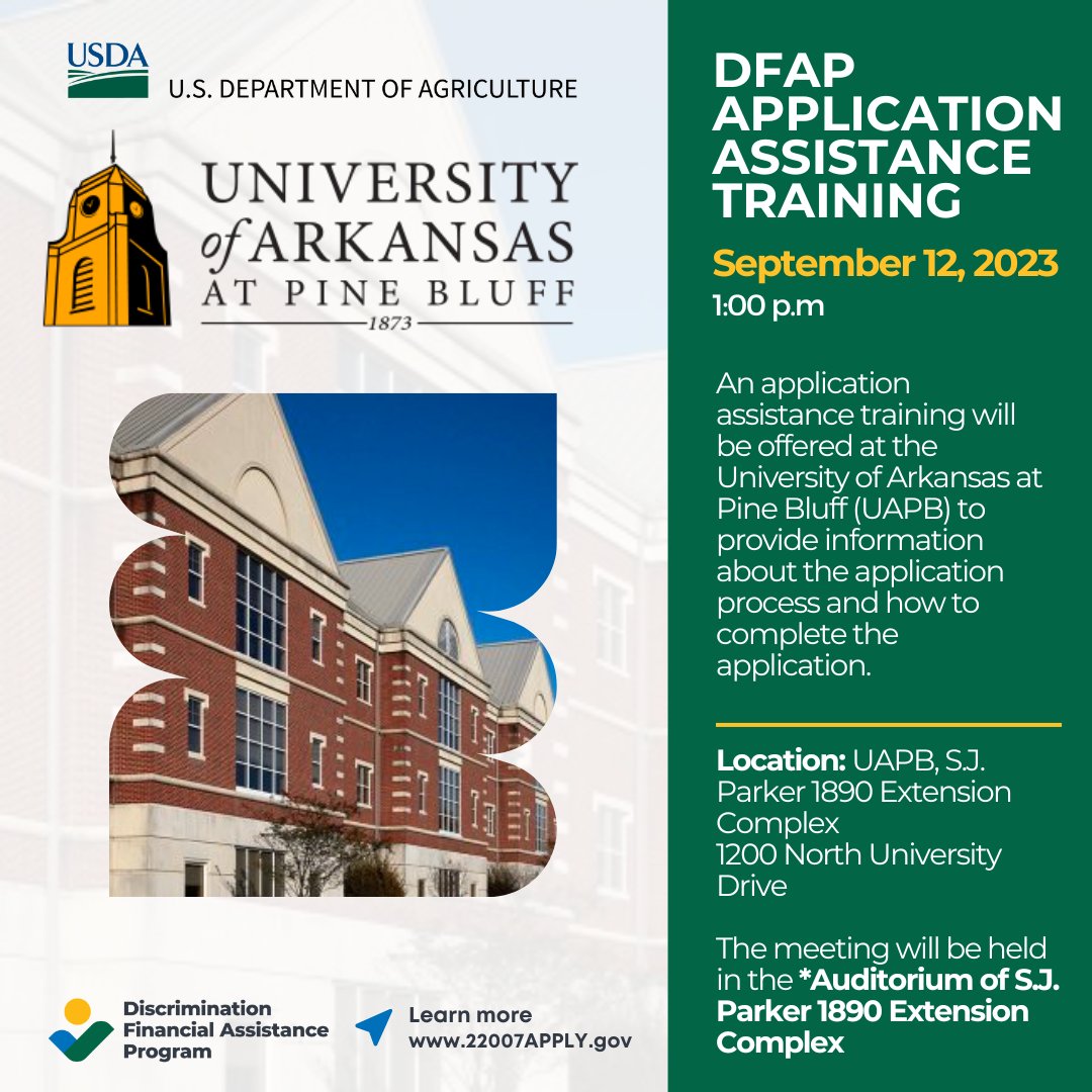 An application assistance training will be offered at the University of Arkansas at Pine Bluff (UAPB) to provide information about the application process and how to complete the application.

#USDA #farmers #ranchers #22007apply #IRA22007 #DFAP #universityofarkansas #pinebluff