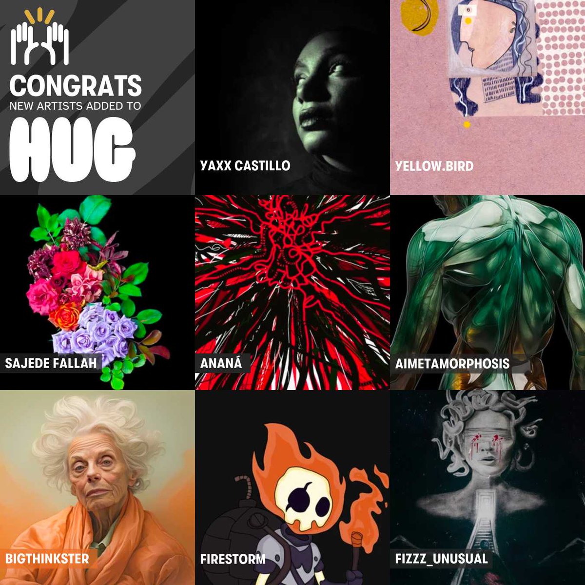 theHUGart's tweet photo. We are elated to welcome &amp; congratulate the newest artists curated to HUG 🎊

@yaxx_castillo
@mariart00777
@sajifall
@anananfts
AImetamorphosis
@bigthinkster
@firestorm0609
@fizzy035

We can't wait to help you go further on your journey as an artist 🤗✨ https://t.co/XeN7ig765R