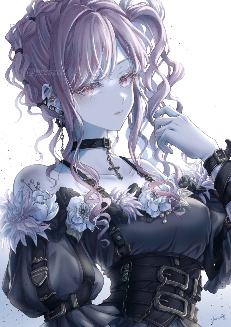 pink hair jewelry solo 1girl choker flower cross  illustration images