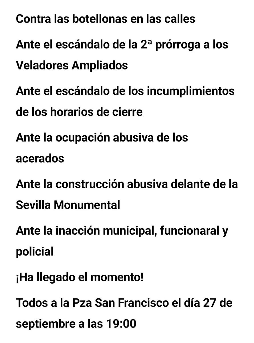 El botellón de hoy es la gota que colma el vaso. #StopBotellones #StopVeladores Los vecinos no debemos soportar los ruidos de Botellonas ni Veladores. Los beneficios de la <a href="/HosteleriaSev/">Hosteleros de Sevilla</a>, del lobby del alcohol y la desidia policial no puede ser a costa de nuestro descanso. #27S