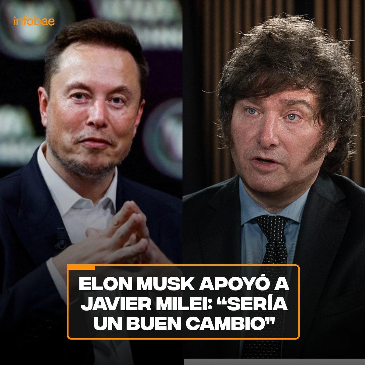 infobae's tweet photo. Elon Musk apoyó a Javier Milei: “Sería un buen cambio” https://t.co/7NEKrZr0vK https://t.co/A64dod0EyC