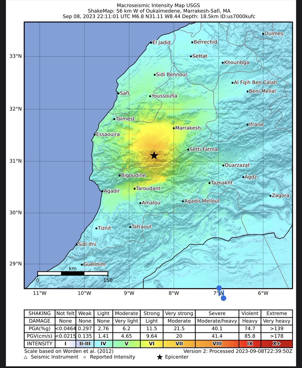 Voici une carte pour avoir une idée de l’intensité du séisme qui a touché le Maroc ce soir, c’est dans les campagnes isolées du Haut-Atlas que le bilan risque d’être lourd.