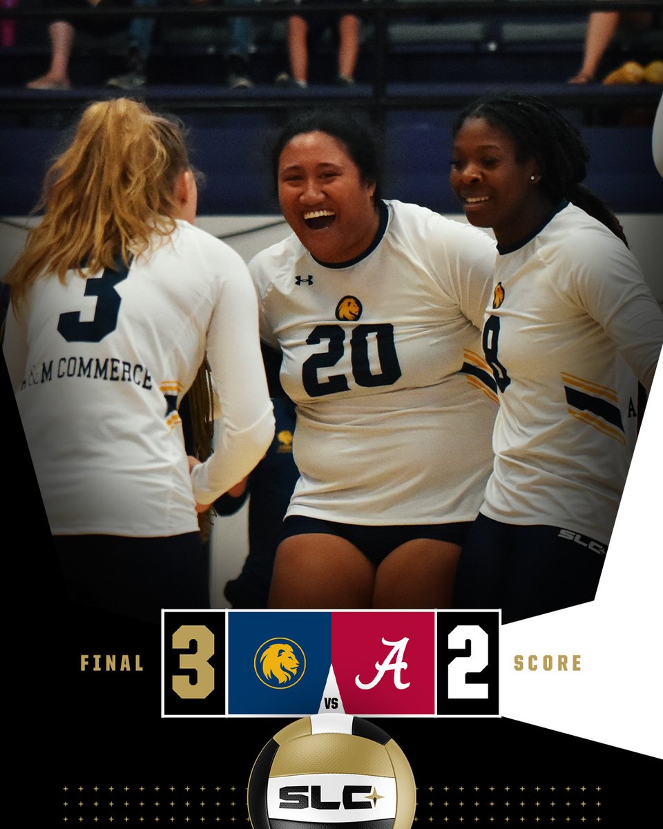 SouthlandSports's tweet photo. TIDE ROLLED 

Texas A&M-Commerce knocks off previously undefeated Alabama in five sets 🦁

#EarnedEveryDay