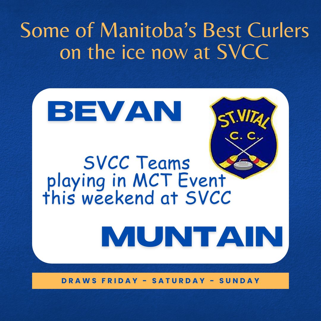 SVCC is hosting the kick-off event to the MCTwith some of our Province's best curlers.  Sending a huge shoutout to Team's Bevan &amp; Muntain who are representing SVCC. Pop by the club to catch the action! Draws at 6 and 9 Fri &amp; Sat at 9, 12, 3, 6, 9 with the playoffs on Sunday.