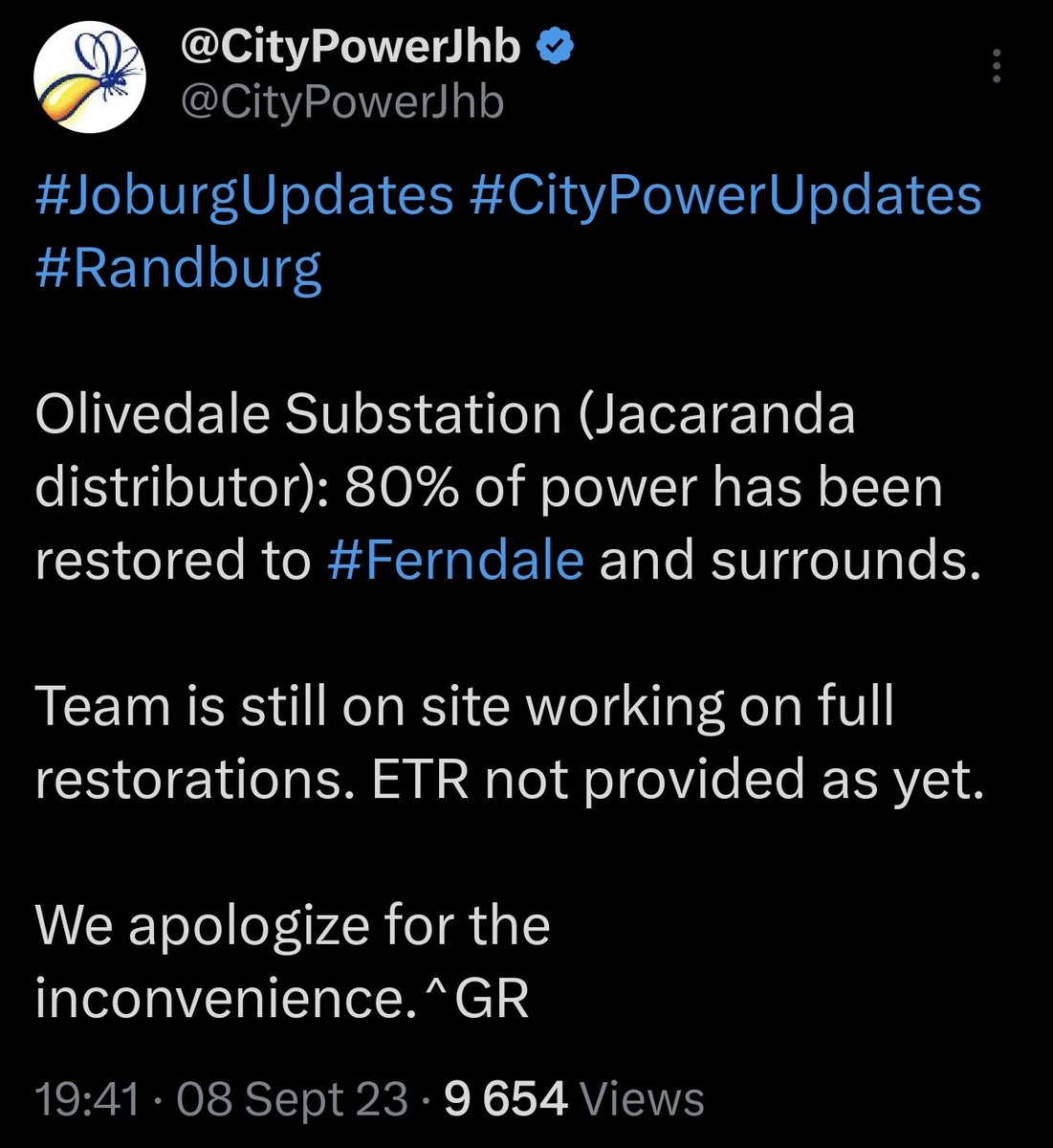 Resh_Orator's tweet photo. @CityPowerJhb 1. What happened to 80% restored declared at 19:41, 08/09/23?

2. What time does the morning team clock in?

3. How long does it take to conduct the test? https://t.co/zy8Y8pKNkU