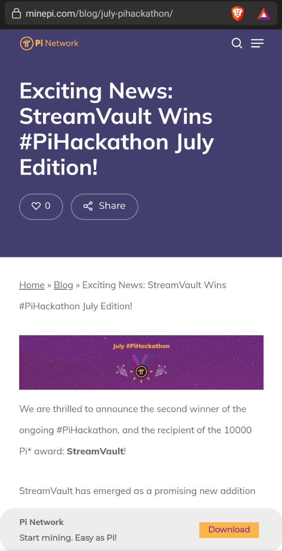 iloveparadise_'s tweet image. July’s #PiHackathon winner is StreamVault!

StreamVault is a subscription-based video streaming platform in the Pi ecosystem. With StreamVault Pioneers can receive Pi from subscriptions and spend Pi to watch their favorite content. 

Go to your Pi App homescreen to learn more.
