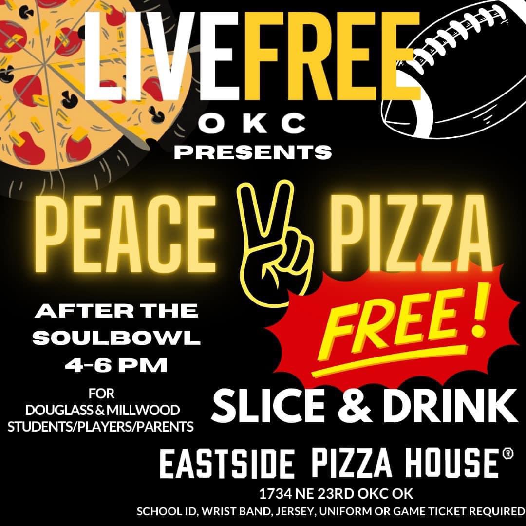 JessQuintonEddy's tweet photo. All Douglass &amp; Millwood students and family are welcome to join us tomorrow after the Soul Bowl at @ESPizzaHouse for our first @LiveFreeOKC Peace and Pizza Event. All community PeaceKeepers are welcome. https://t.co/X52wMb7i3j