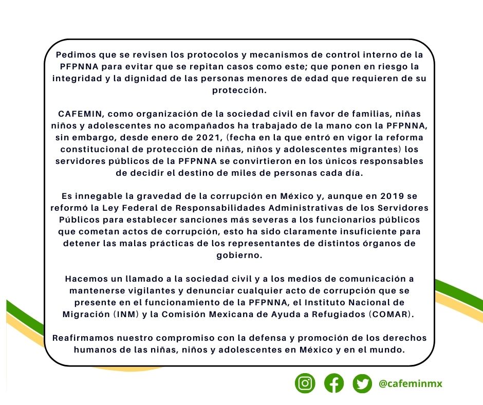 📣 Condenamos enérgicamente los actos de extorsión por parte de funcionarios públicos a niñas, niños y adolescentes migrantes no acompañados ⚠️

Pronunciamiento acá 👉🏼

#Migrantes #NNA #migración #derechoshumanos