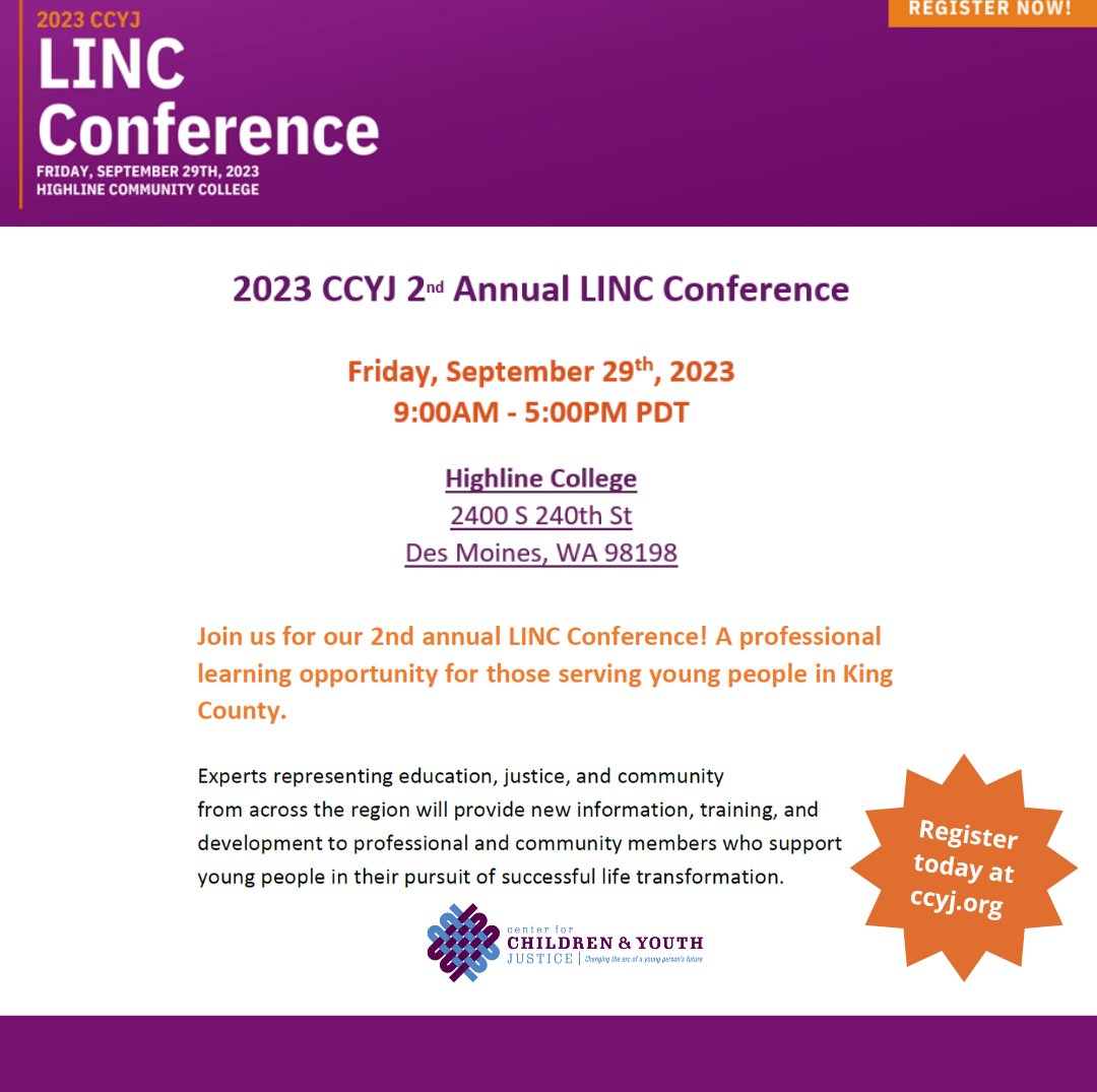 Regional Office of Gun Violence Prevention (@kingcountyrgv) on Twitter photo You won't want to miss the LINC Conference, hosted by the Center for Community and Youth Justice, on September 29th at Highline Community College ✨
Registration is open here: ccyj.org/2023-events/in… <a href="/CCYJ_WA/">Center for Children and Youth Justice</a> You won't want to miss the LINC Conference, hosted by the Center for Community and Youth Justice, on September 29th at Highline Community College ✨
Registration is open here: ccyj.org/2023-events/in… <a href="/CCYJ_WA/">Center for Children and Youth Justice</a>