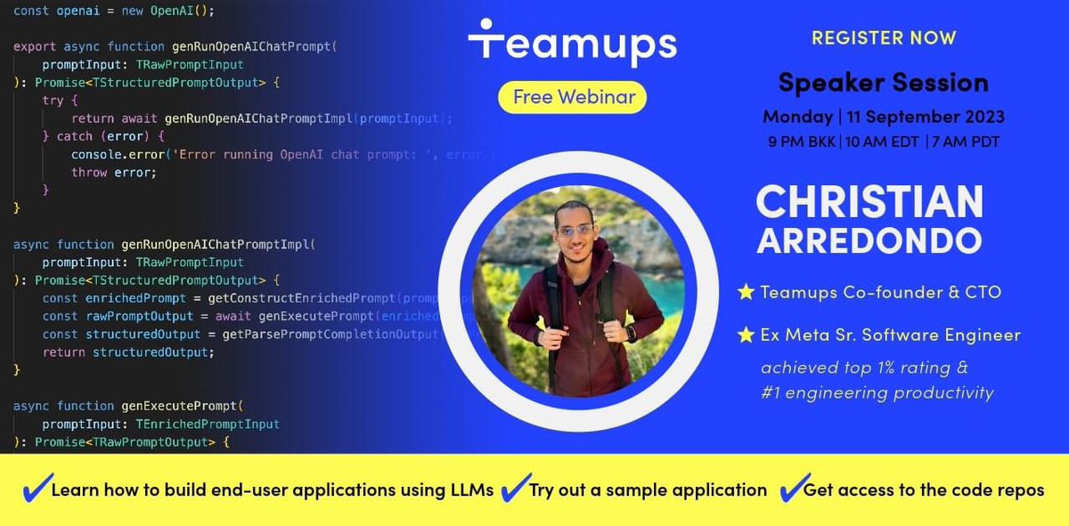 Hello SWEs! 👋 This Monday, join our free webinar to chat with ex-Meta Tech Lead and now Co-founder and CTO of Teamups. Learn how to build end-user applications using LLMs, try our sample app, and  gain access to code repos! shorturl.at/cdK14