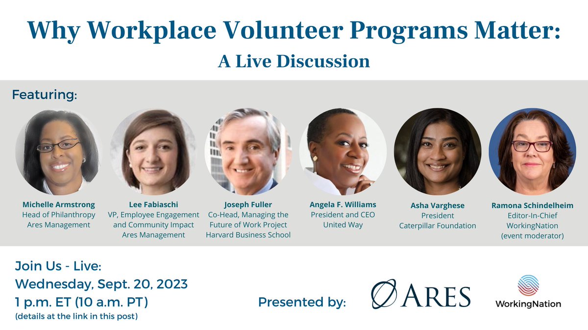 We hope to see you Sept. 20 at this live discussion on #WorkplaceVolunteers. Details: workingnation.com/why-do-workpla… #WeekInReview #VolunteerBenefits #Volunteering @ares_management @JosephBFuller @HarvardHBS @AngelaFWilliams @UnitedWay @AshaSVarghese @CaterpillarInc @ramonawritesla