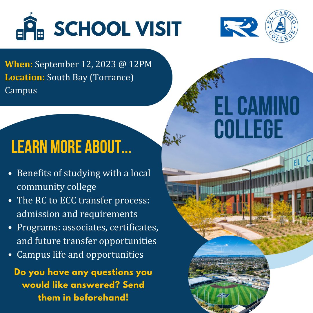 ESLRosemead's tweet image. Attention, RC students 🗣️ Next Tuesday (9/12), El Camino College🏫 @elcaminoedu will stop by RC Torrance Campus for an informative session about community colleges, the admissions process, and more! Drop by with your questions ready 📝🤩

#esl #eslclass #LearnEnglish