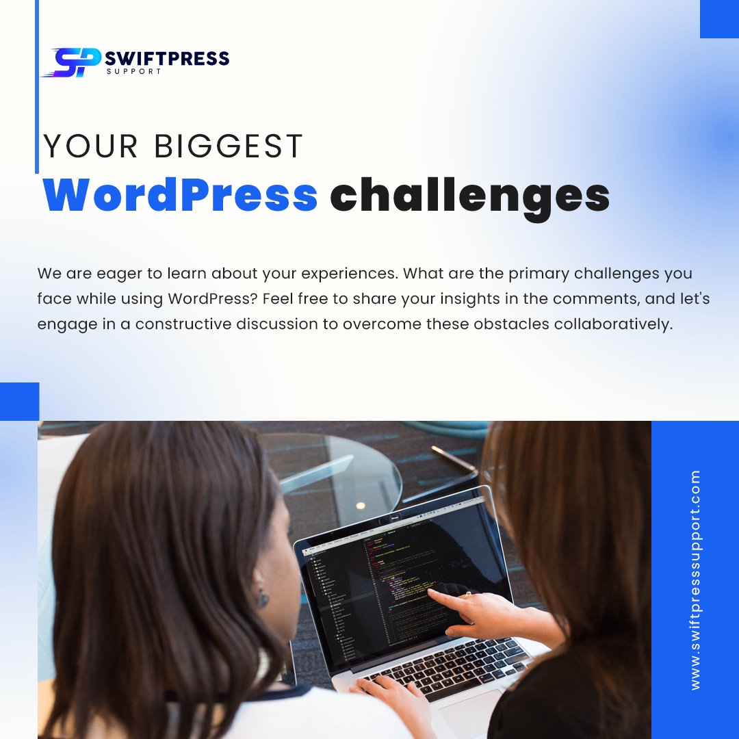swiftpresswp's tweet image. Join us in exploring the WordPress universe! What hurdles are you facing with WordPress? Share your thoughts below, and let's tackle them together as a community! #WordPressChallenges #CommunityEngagement #WebDevChat
Visit us: swiftpresssupport.com