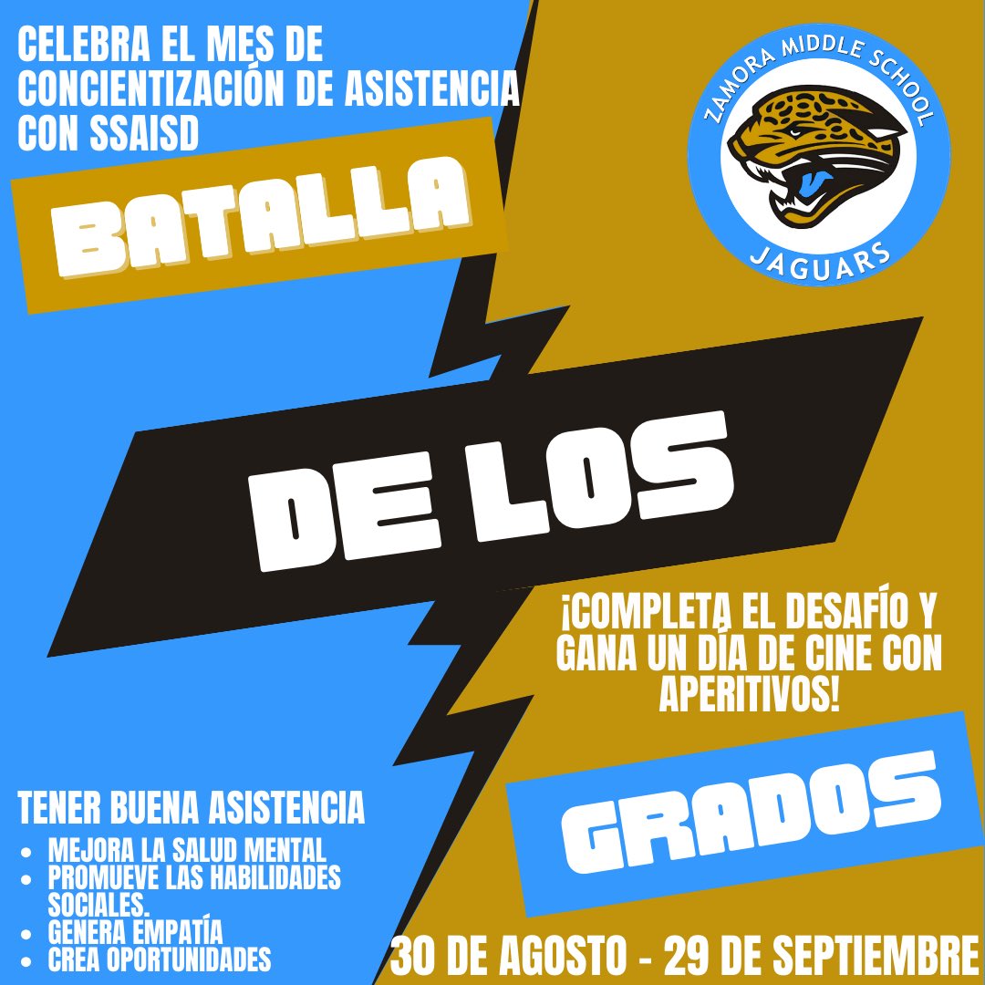 Attendance matters!! The 6th grade team is currently in the lead with 95%, 8th grade is catching up at 94%, and 7th grade is at 93%!! 
Will 6th grade be able to keep the lead next week? Help your grade level out and show up school.