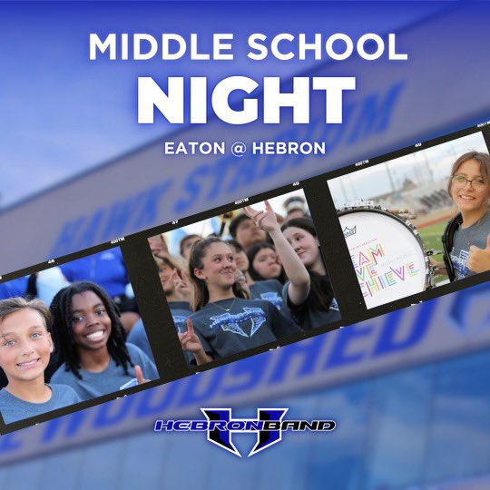 hebronbandboost's tweet photo. Join us at home for #FNL 7:30 pm @HebronFootball vs Eaton HS! @TheHebronBand welcomes @TheKillianBand @CVMS_Band @ArborCreekMSB to join us on the field and in the stadium. 🏈🎺🥳 #hebronband #AIATT #HPND #band #hebronband #hebronfootball #hebroncheer https://t.co/VQtD7l048c