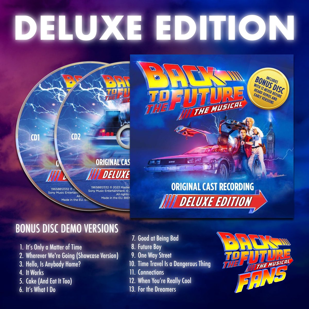 bttfmusicalfans's tweet photo. The @BTTFmusical #OriginalCastRecording #DeluxeEdition which includes a bonus disc of 13 never before heard demos and early versions of music and lyrics by @SilvestriMusic and @GlenBallard has been officially announced by @SonyBroadway โก๏ธ
๐ผ Itโs only a matter of timeโฆ ๐ถ https://t.co/LyuC6D88q6