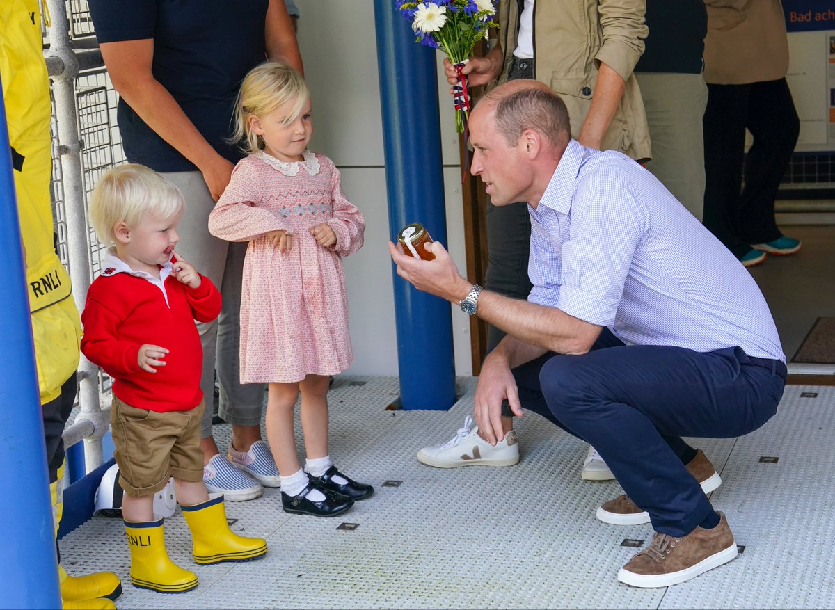 The Prince and Princess of Wales visited the Lifeboat Station at St Davids Pembrokeshire… Catherine on the bridge with the Coxswain while William gets a jar of Wild Honey from 2 year old Albie Evans