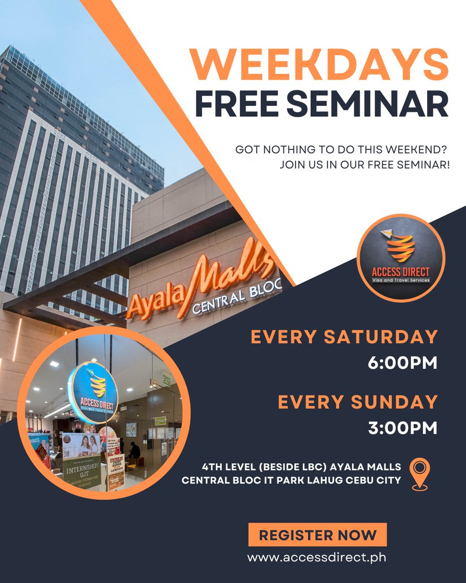 accessdirectceb's tweet photo. Are you free this weekend?

Join us in our Study and Work in Canada Free Seminar and learn more about the best program for you!

We'll be glad to answer your questions about the application process, available courses and discuss requirements. https://t.co/Q2au4LVEzN