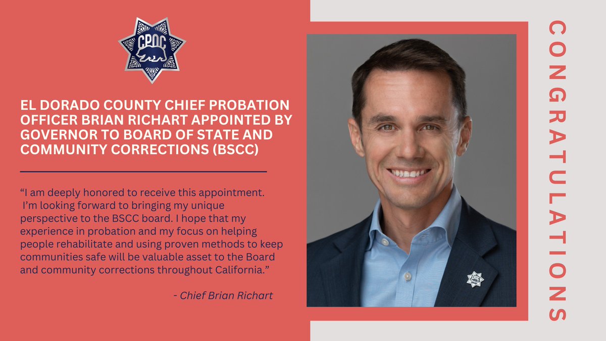 CAProbation's tweet photo. Congratulations to @CPORichart on his appointment to BSCC! He will be a huge asset to enhance a better system of community corrections in California. https://t.co/2MI4OpjUPe