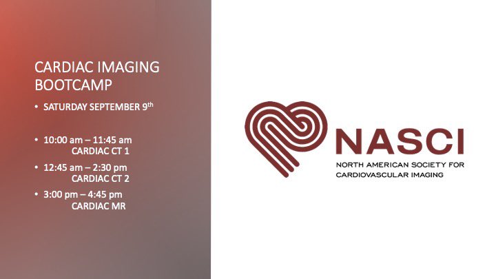 The #NASCI23 Cardiac Imaging Bootcamp is tomorrow! 

Online option FREE for trainees! 

Cardiac CT and Cardiac MR Basics

#whyCMR #yesCCT #cvimaging #CardioTwitter #radiology #radres #FOAMed