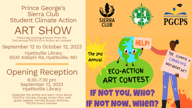 Join the Prince George's Sierra Club Tonight from 6:30-7:30pm for the opening reception of its Student Climate Action Art Show at the Hyattsville Library. Guest speaker <a href="/pam4pgcps/">Pamela Boozer-Strother</a>  will give an overview of the PGCPS Climate Change Action Plan.
