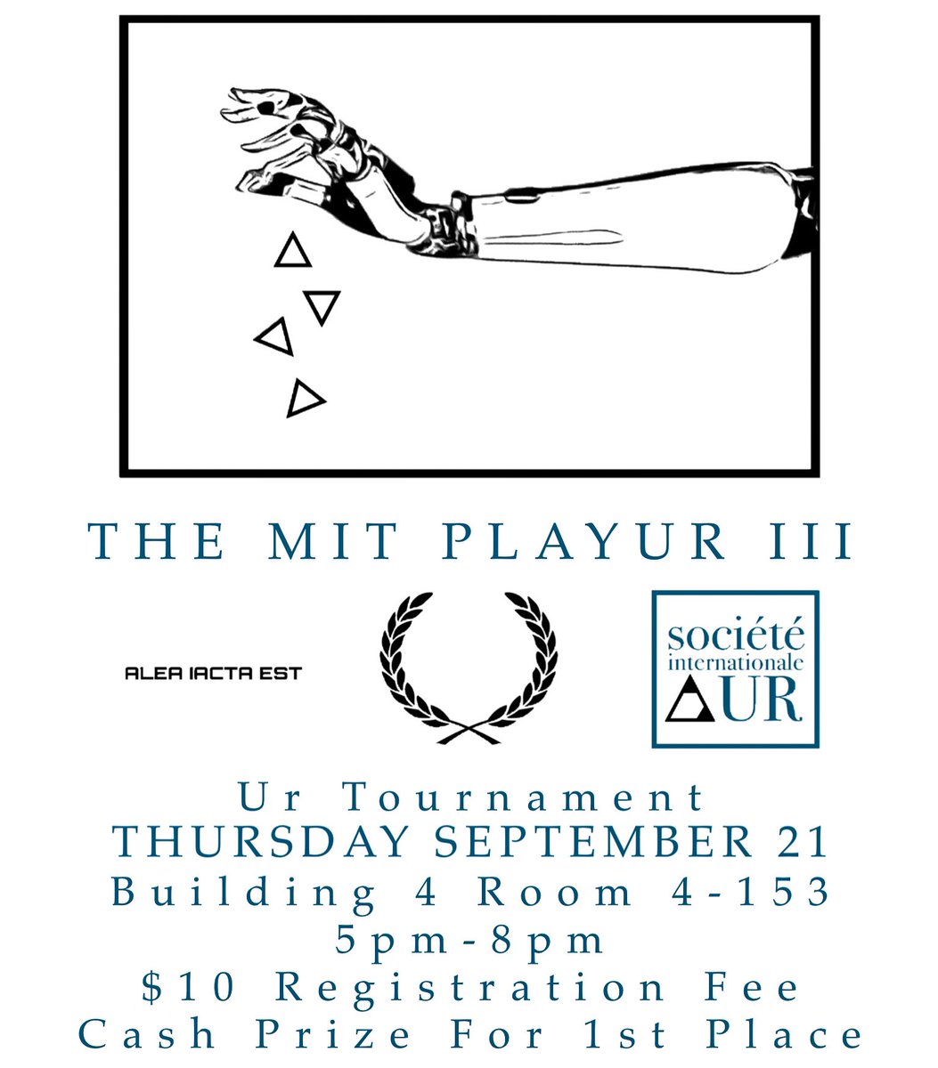 And we are back in action, y’all! Kicking off the season with the MIT PlayUr III: 

Thurs 9/21
5pm - 8pm
in 4-153 @ MIT

Cash Prize! 

Register: tinyurl.com/UrSeptember21

#PlayUr