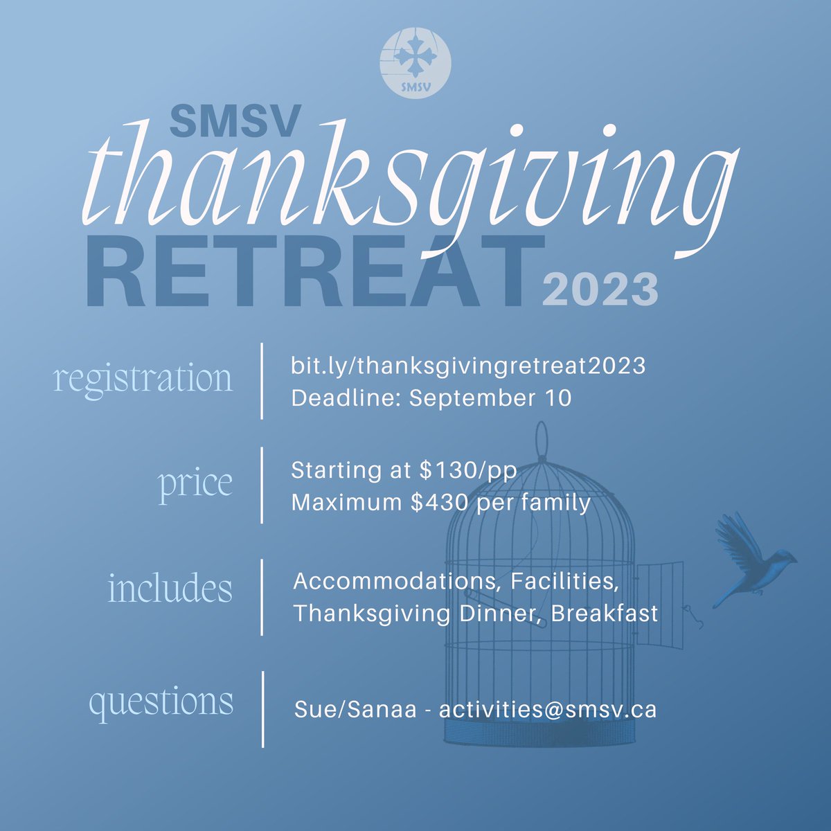 Our Thanksgiving Retreat is coming up on Sunday &amp; Monday, October 8 - 9 at White Oaks Conference Resort, Niagara-on-the-Lake! We are joyful to welcome back Fr. Anthony Mourad as our guest speaker. Spaces are limited. Registration Deadline is September 10 or when spaces are filled