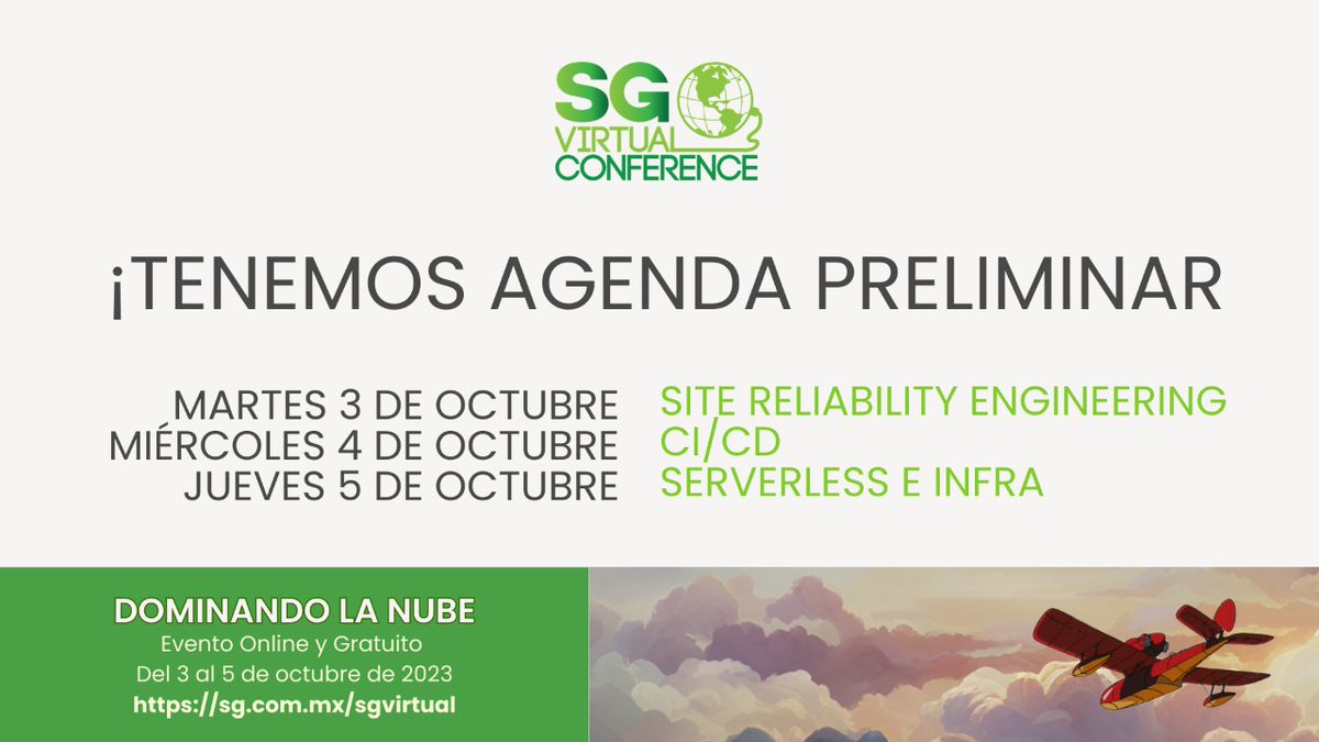 RevistaSG's tweet photo. 🚀¡Tenemos agenda preliminar de #SGVirtual Conference 2023!
El programa ya va tomando forma. Tenemos las primeras charlas confirmadas de Site Reliability Engineering, CI/CD, Serverless e infra.
Conócela aquí: https://t.co/BohdpZ3ug8 https://t.co/q5IyMkFEmF