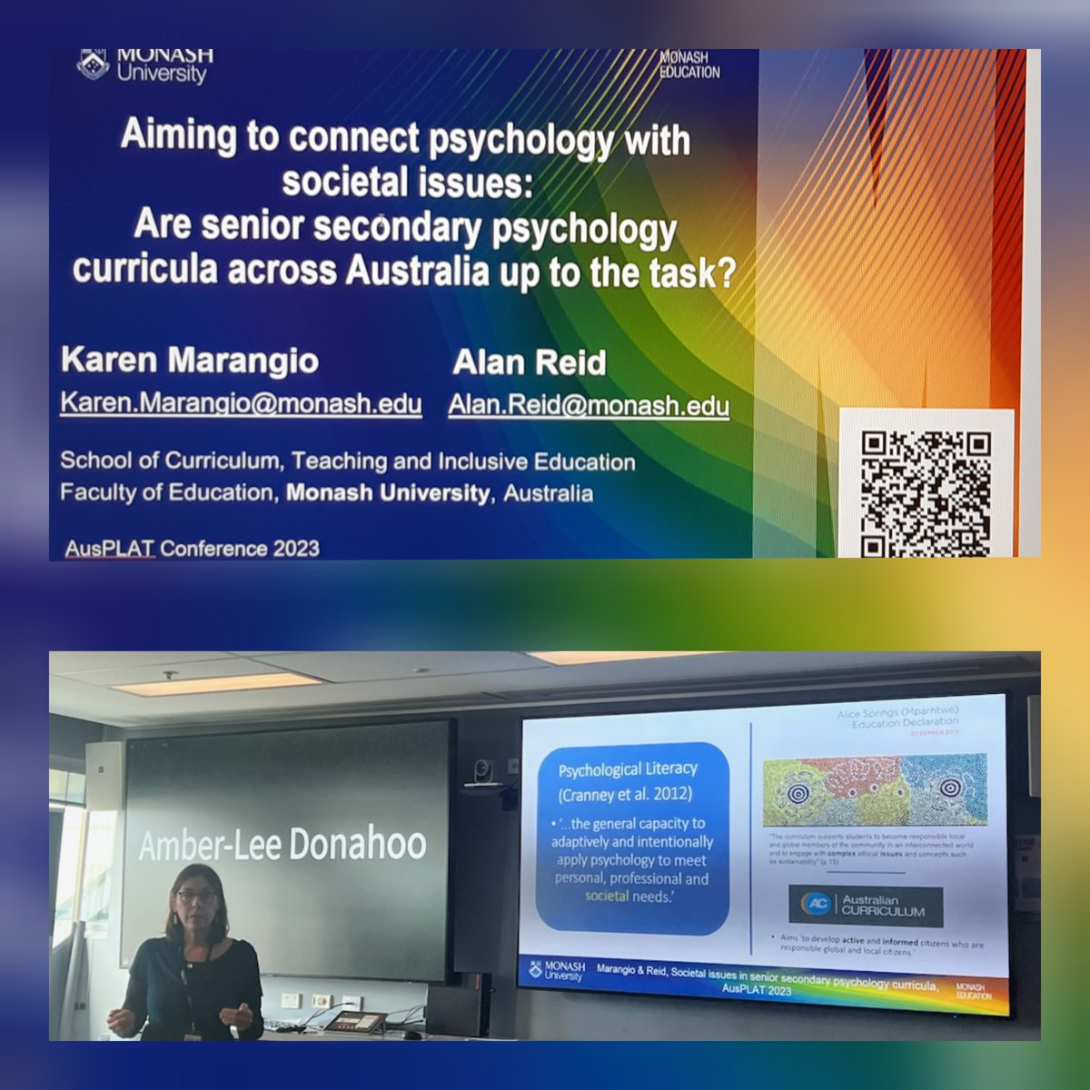 ausplat's tweet photo. 2. @KarenMarangio & #AlanReid discussing Possibilities and lost opportunities to connect learning psychology with societal issues exist within Australian senior secondary Psychology curricula. #AusPLAT23 https://t.co/hTGCVHkDlK