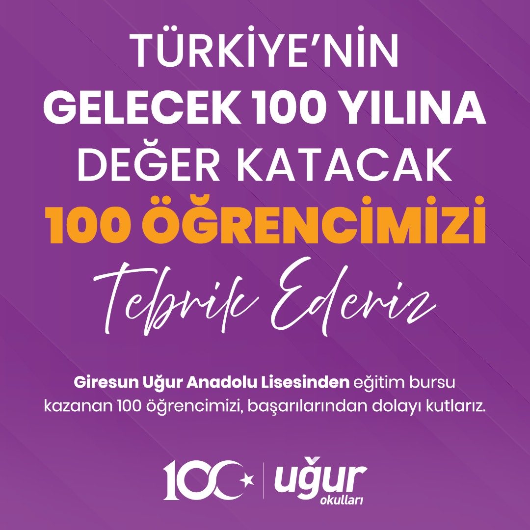100 Yıllık Cumhuriyetin 55 Yıllık Uğur’undan 100 Öğrenciye Eğitim Bursu kampanyamızı tamamladık. Kampanyamıza yoğun ilgi gösteren Giresunlu öğrenci ve velilerimize teşekkür ederiz. Kampanyamızdan burs kazanan öğrencilerimiz sonuçlarını Giresun Uğur Anadolu Lisesinden alabilir