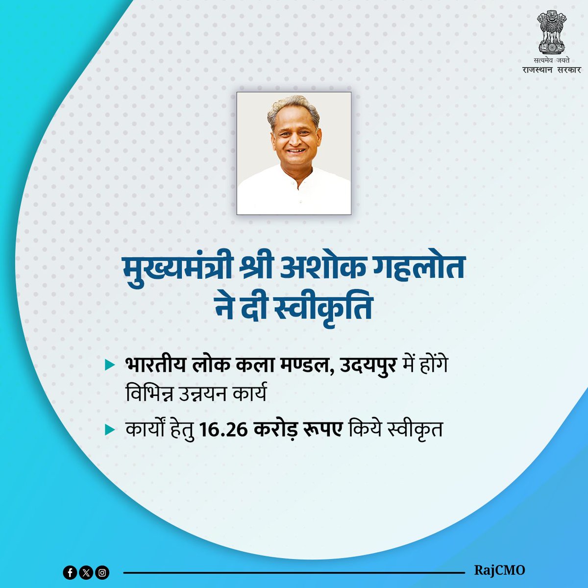 CMO Rajasthan (@rajcmo) on Twitter photo मुख्यमंत्री श्री <a href="/ashokgehlot51/">Ashok Gehlot</a> ने भारतीय लोक कला मण्डल, उदयपुर में विभिन्न उन्नयन कार्यों के लिए 16.26 करोड़ रूपए के वित्तीय प्रस्ताव को मंजूरी प्रदान की है। मुख्यमंत्री श्री <a href="/ashokgehlot51/">Ashok Gehlot</a> ने भारतीय लोक कला मण्डल, उदयपुर में विभिन्न उन्नयन कार्यों के लिए 16.26 करोड़ रूपए के वित्तीय प्रस्ताव को मंजूरी प्रदान की है।