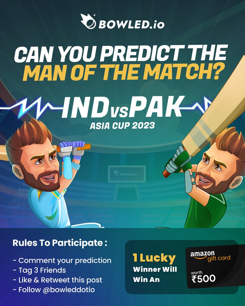 🚨 CONTEST ALERT 🚨

🙋‍♂️ Predict the Man Of The Match in #INDvsPAK 

🎁 And Stand a chance to win an Amazon GC worth ₹500

𝗖𝗼𝗻𝗱𝗶𝘁𝗶𝗼𝗻𝘀:
1. Follow us <a href="/bowleddotio/">Bowled.io</a>
2. 👍🏻 Like &amp; Retweet 🔁
3. Tag 3 Friends, Use #bebowled &amp; Comment your prediction👇🏽

#ContestAlertIndia