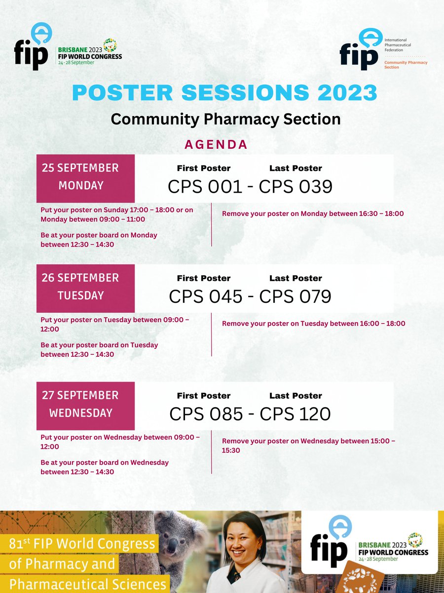 "FIP Congress 2023/ Poster Session". 

Dear Participants,
Please check your Date and time and take the necessary action. 

For Full list: brisbane2023.fip.org/posters/
For Guideline: brisbane2023.fip.org/guidelines-for…

#Pharmacist