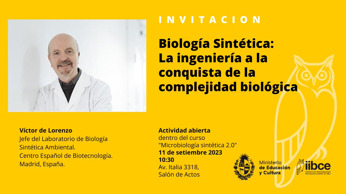Este lunes 11/9 comienza el curso de Microbiología Sintética en el Instituto.
✨👇
Invitamos a la primera #conferencia abierta a las 10:30 en el salón de actos: 
↘️
"Biología Sintética: La ingeniería a la conquista de la complejidad biológica."