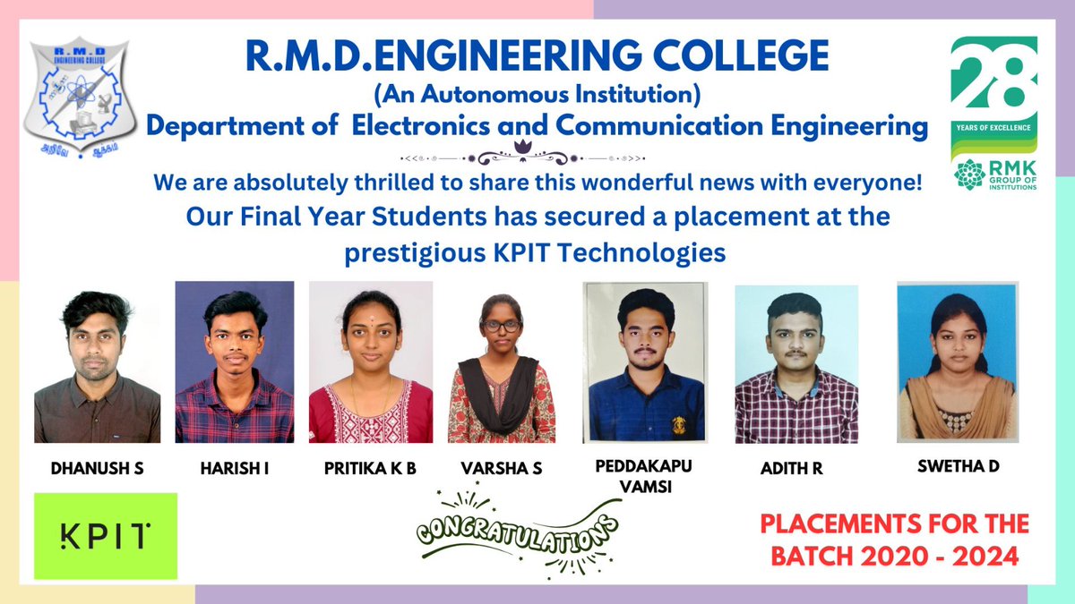 It is with immense pride and joy that we extend our heartfelt congratulations to our ECE Students who have made a remarkable achievement – securing a placement at KPIT Technologies! We wish you all a bright professional future career!!
#placements2024 #rmkgroupofinstitutions