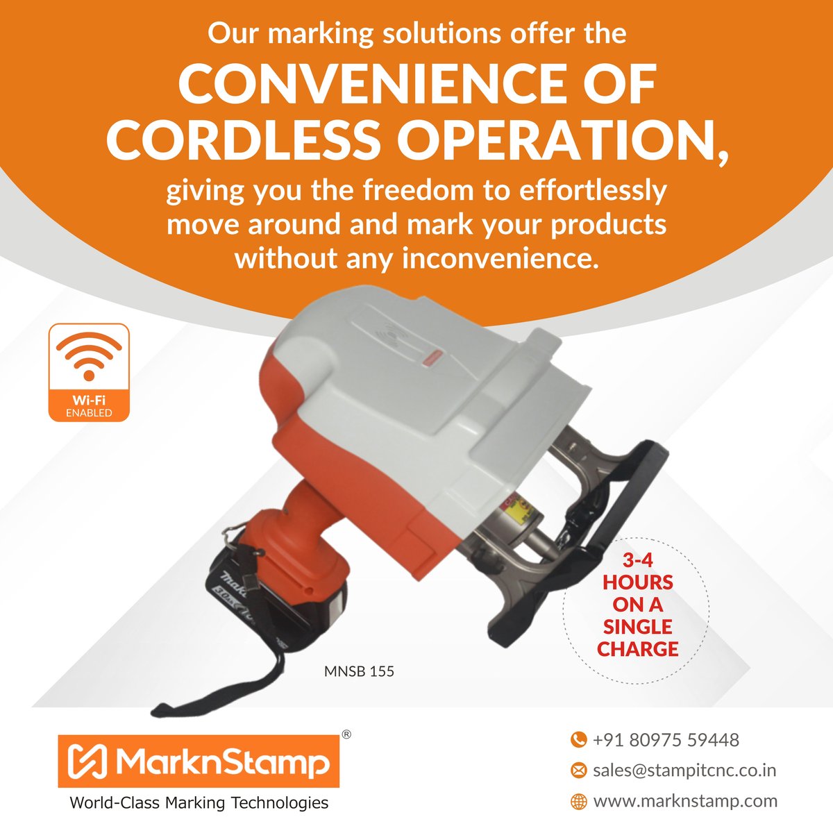 MarknStamp's tweet photo. #MNSB 155 #CORDLESS #MARKER BENEFITS:
• Marking area: 150 x 50mm
• Battery: Powerful Lithium Battery for upto 3-4 hours of normal working.

Call +91 80975 59448 or visit us at https://t.co/vj3mzxiURz https://t.co/28n9OuORuy