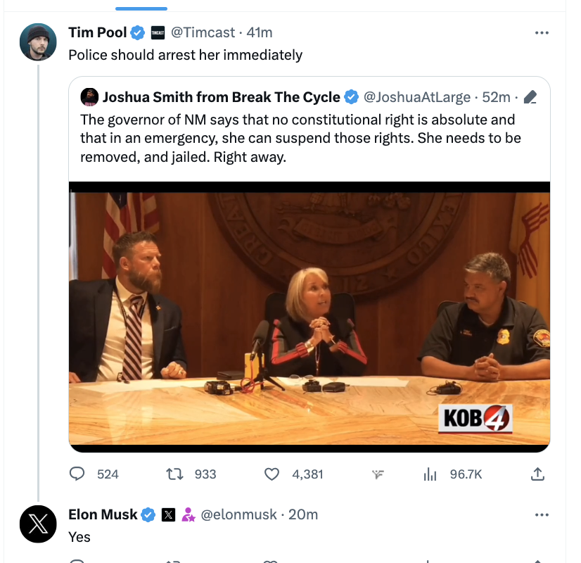 PiperK's tweet image. Elon Musk is calling for the arrest of the Governor of New Mexico because she's banning carrying guns in public after several children were shot.