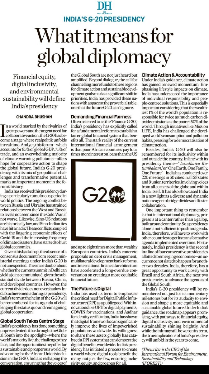 India’s #G20 presidency will be remembered for its focus on the global south and charting a pathway for financial equity, digital inclusivity &amp; environmental sustainability. I write in <a href="/DeccanHerald/">Deccan Herald</a>. #G20SummitDelhi 
👉deccanherald.com/opinion/what-i…