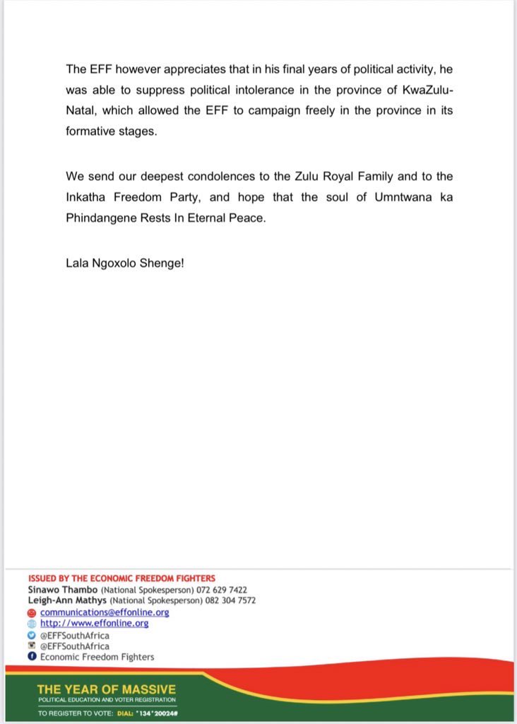 EFFSouthAfrica's tweet photo. ♦️Must Read♦️

The Economic Freedom Fighters (EFF) mourns the passing of one of the longest serving political figures in South Africa and an important leader within the Zulu Royal Family, Prince Mangosuthu Buthelezi. https://t.co/J58CjKjJPv