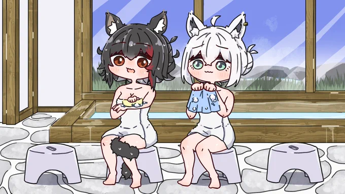 温泉で背中をあらいっこするフブちゃんとミオしゃ#絵フブキ #みおーん絵 