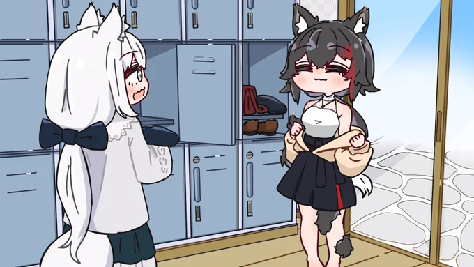 温泉で背中をあらいっこするフブちゃんとミオしゃ#絵フブキ #みおーん絵 