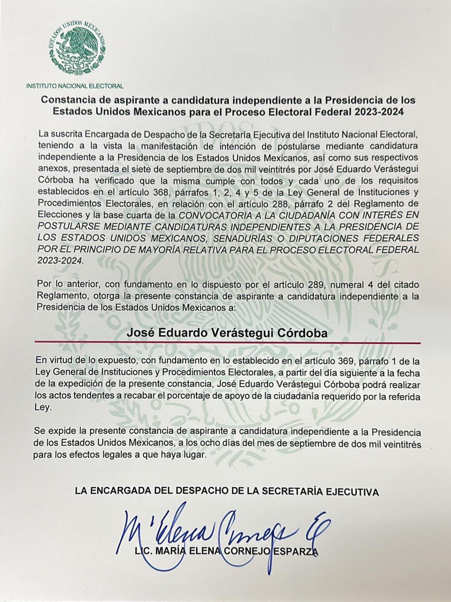 ¡Estamos listos! Hoy 8 de septiembre a las 3 de la tarde, el INE nos hizo entrega de la "Constancia de aspirante a candidatura independiente a la Presidencia de México para el proceso electoral federal 2023-2024". A partir de mañana 9 de septiembre, comenzamos a recaudar firmas.