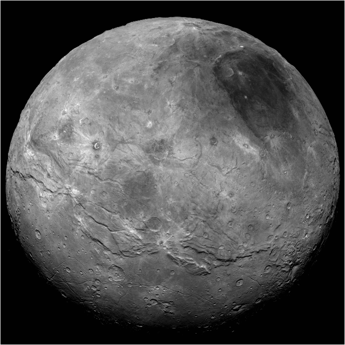 TodLauer's tweet photo. For fun, this is the highest resolution full-disk image of Charon. 12 LORRI images in 6 Nyquist-sampled deconvolved pairs were mosaiced to make the final image. It's generally seen overlaid with colors provided by a lower-resolution MVIC image, showing that the pole is dark red. https://t.co/ErogXjEsV9