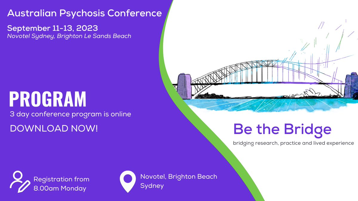 It's nearly time for the Australian Psychosis Conference 2023! Our 3 day conference program is available now to download. tinyurl.com/y2nj6c9c We look forward to welcoming our delegates on Monday. #AUSPC2023 #bethebridge