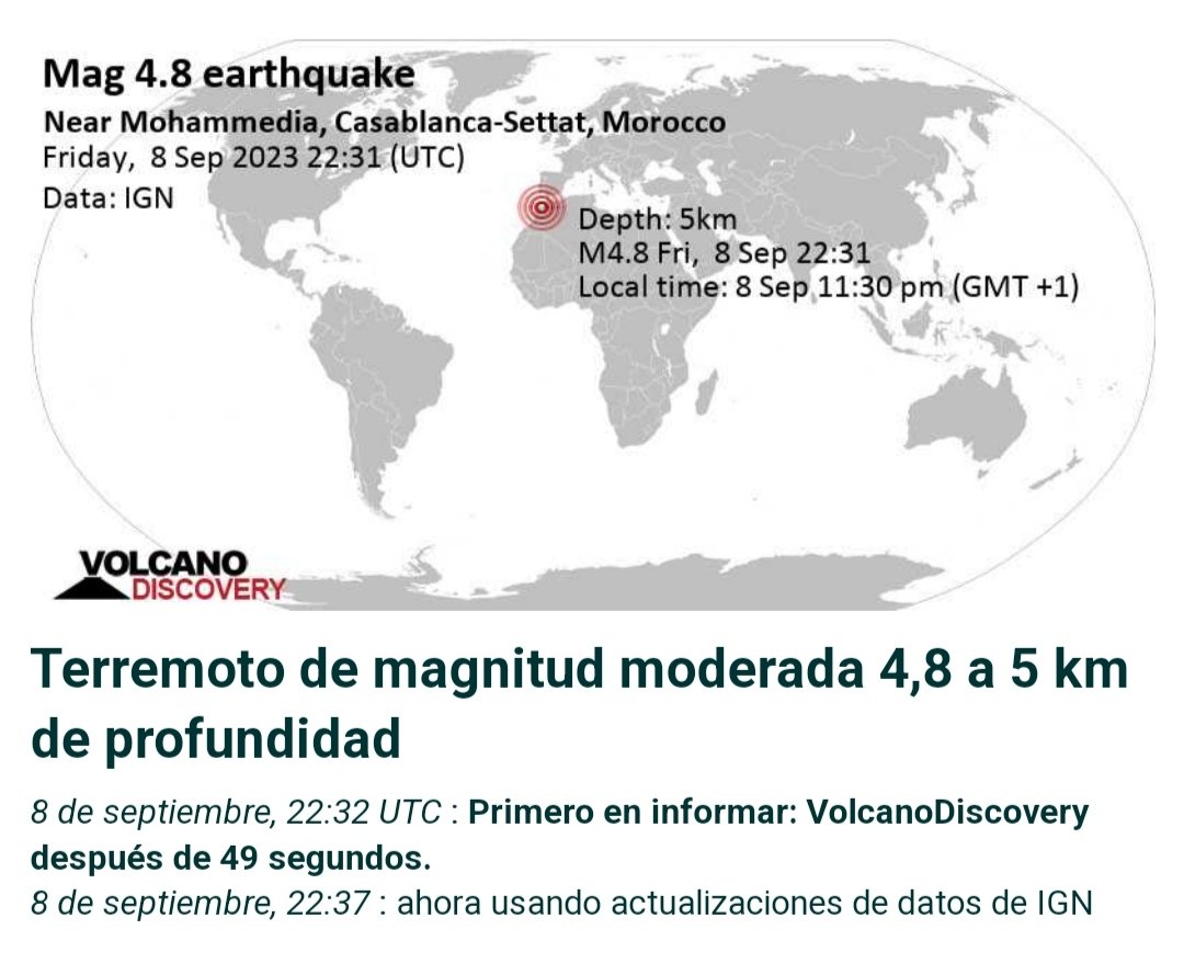 arifimimon's tweet photo. Replica de magnitud 4,9 minutos posteriores.
Revista moderada. #Terremoto de 4,8 - 26 km al sur de #Casablanca, #Marruecos, el viernes 8 de septiembre de 2023 a las 23:31 (GMT +1)
#Seisno #earthquake #ZawyatanNwaçer
#Berrechid #Settat #Mohammedia #Azemmour #earthquake #Maroc https://t.co/tWZnrHwsEw