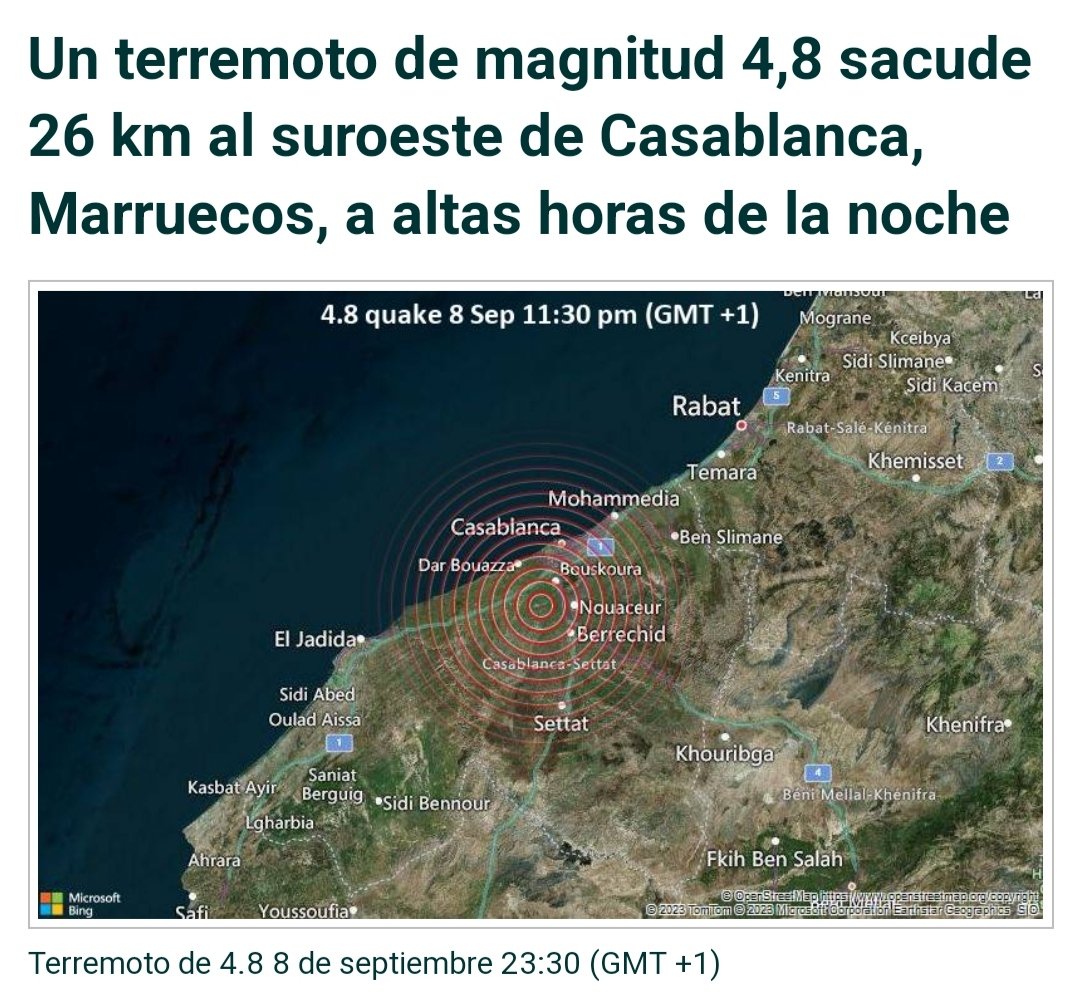 arifimimon's tweet photo. Replica de magnitud 4,9 minutos posteriores.
Revista moderada. #Terremoto de 4,8 - 26 km al sur de #Casablanca, #Marruecos, el viernes 8 de septiembre de 2023 a las 23:31 (GMT +1)
#Seisno #earthquake #ZawyatanNwaçer
#Berrechid #Settat #Mohammedia #Azemmour #earthquake #Maroc https://t.co/tWZnrHwsEw