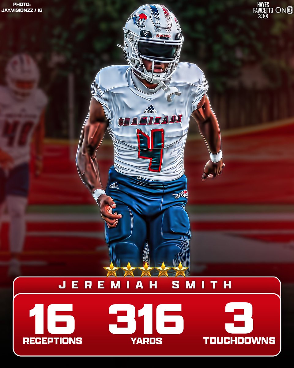 Five-Star Plus+ WR Jeremiah Smith put on a SHOW tonight🤯 (pulled late in 3rd quarter) -16 Receptions -316 Yards -3 Touchdowns The Ohio State Commit proving why he’s the best in the nation 💪🏼🌰 on3.com/db/jeremiah-sm…