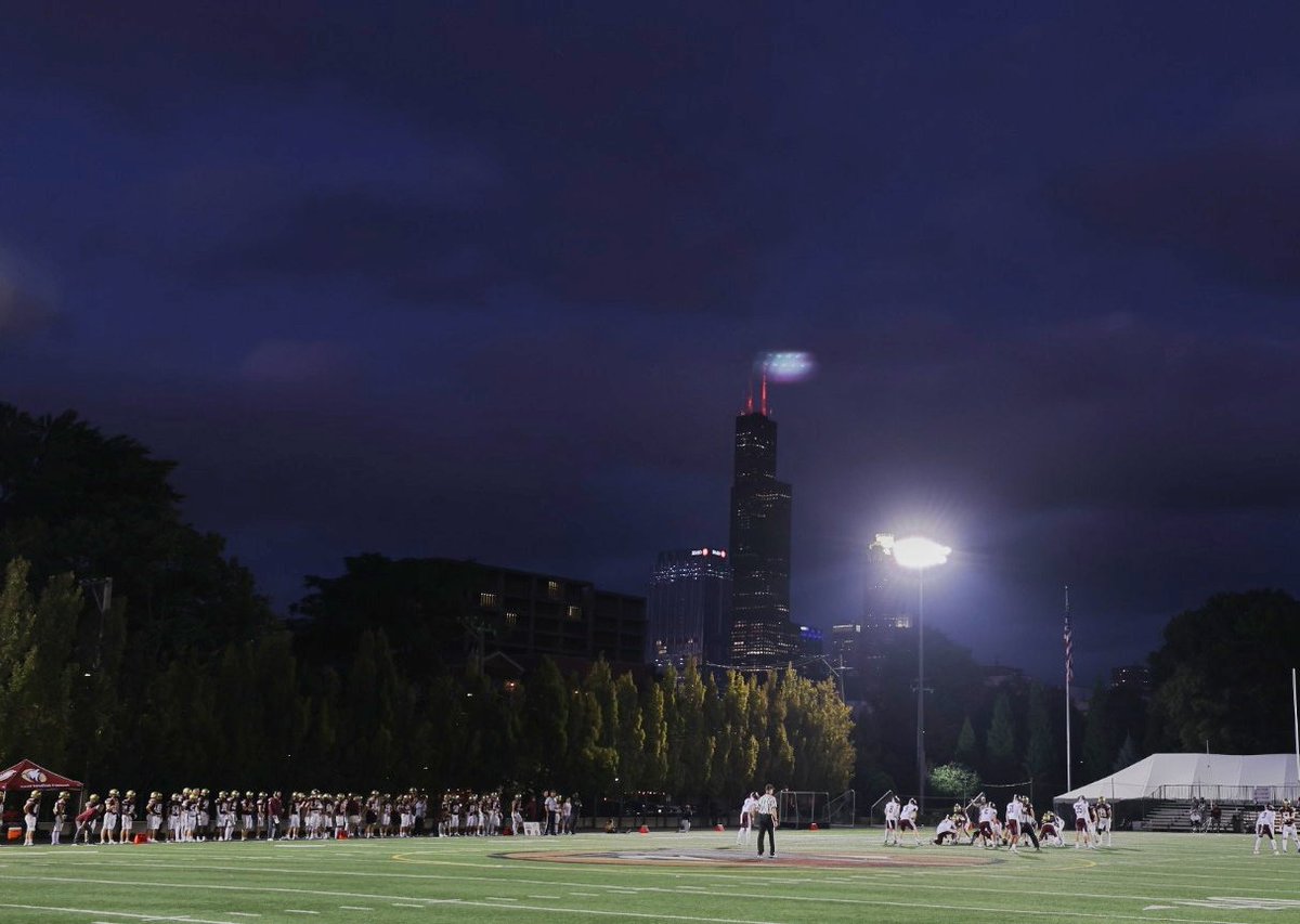 VincentDJohnson's tweet photo. At @SIWolfpack quite possibly one of the best views from a high school stadium in Illinois.  @#BrotherRice leads #StIgnatious 14-0 at half. Photo coverage for @SouthtownSports with @Pzready. https://t.co/H9HOaadIGV