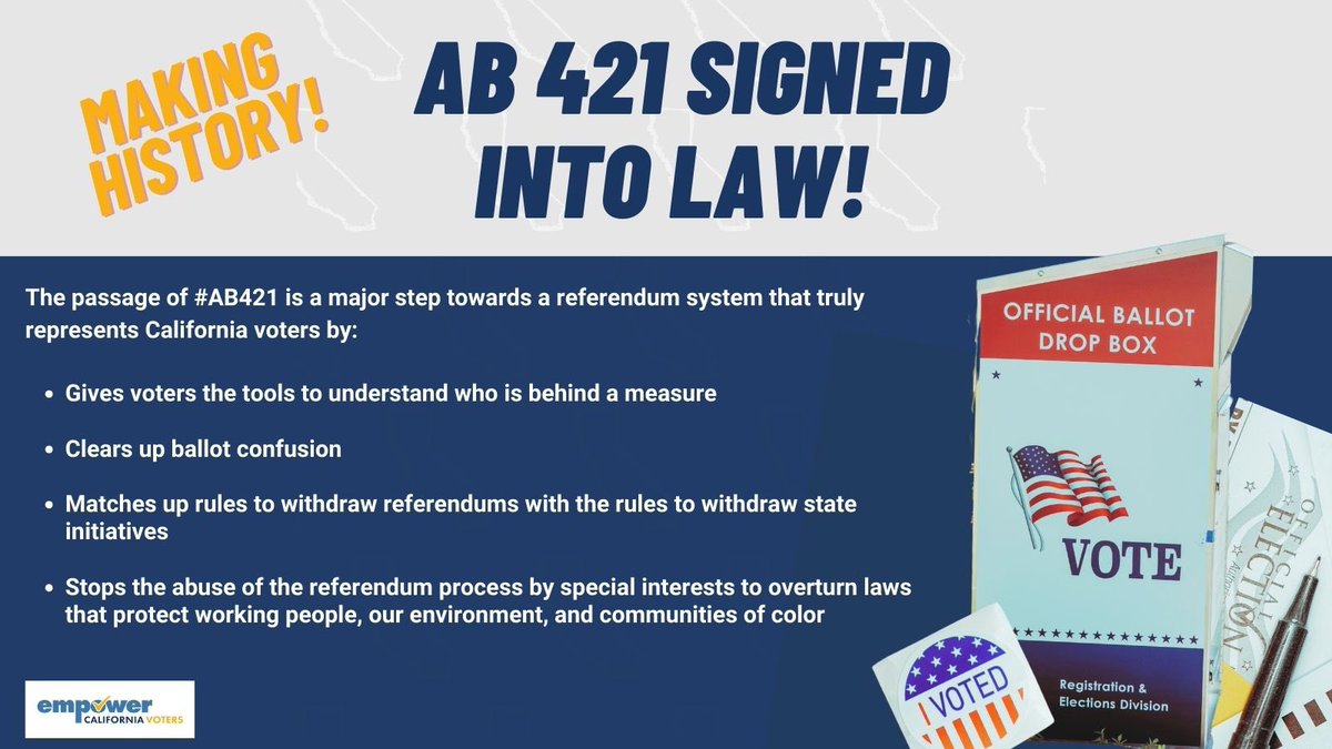 Boom! Thank you @GavinNewsom for signing #AB421. Californians demanded it, @isaacgbryan championed it, and you listened. Reforming our broken referendum system is putting the power back where it belongs – with voters.